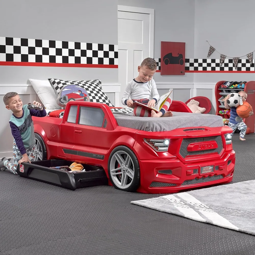 Twin Size Truck Car Bed Car Bed for Boys and Girls Working Headlights & Built-In Storage Toddlers Ages 3+ Years Old Bed Frame