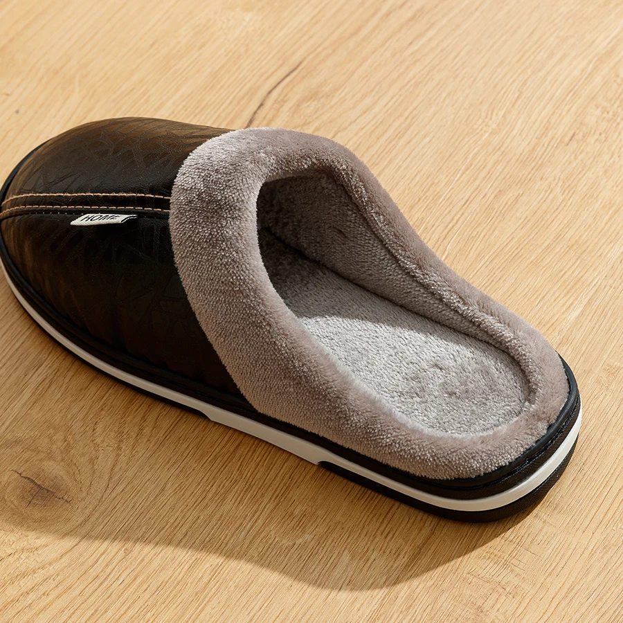 Men\'s slippers Winter Big Size Indoor Waterproof PU Leather Large Sizes Home Cotton shoes Fur Flat Cotton Bedroom Houseshoes