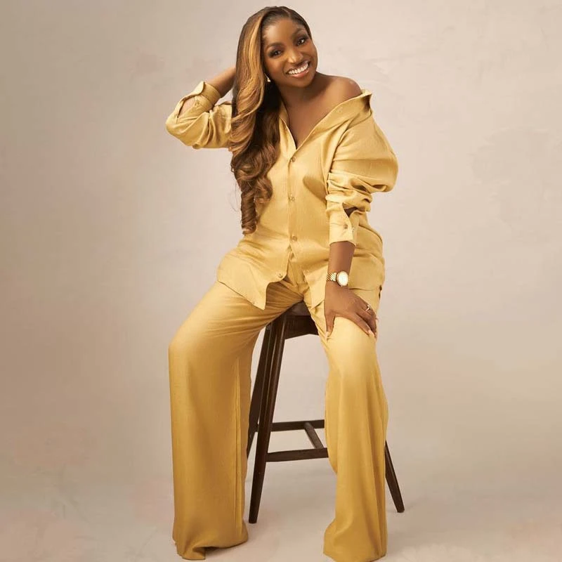 2025 African Fashion Autumn Women Two Piece Set Solid Color Casual Oversize Loose Shirt Top And Wide Leg Pants Set Outfits
