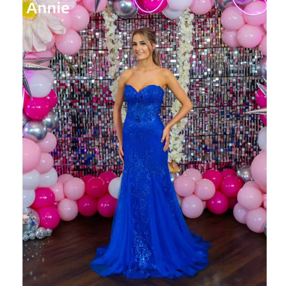 

Annie Glitter Embroidery Prom Dresses Blue Mermaid Tulle Evening Dresses Corset Women Tulle Vestidos De Fiesta Customized