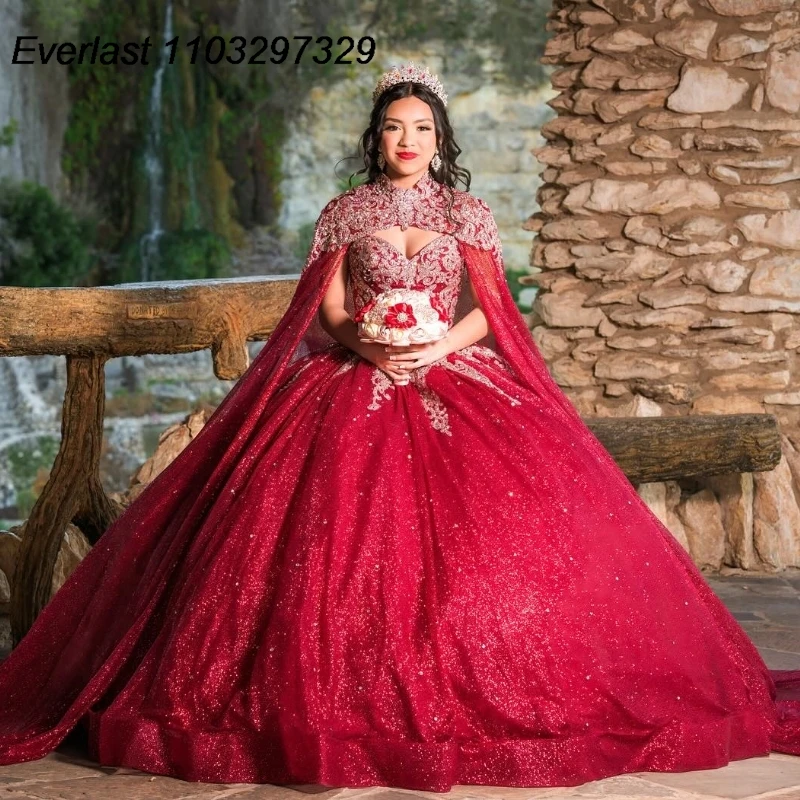 EVLAST Dostosowana czerwona suknia balowa Quinceanera Srebrna koronkowa aplikacja z koralikami Cape Mexico Sweet 16 Vestidos De 15 Años TQD876