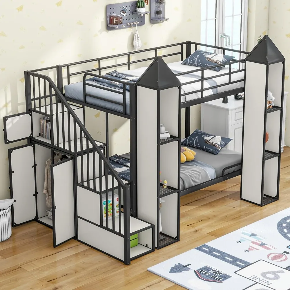

Castle-Shaped Bunk Bed with Wardrobe and Multiple Storage, Metal Bunk Bed with Storage Staircase and Safety Guardrail for Kids
