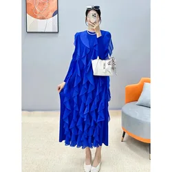 Miyake Pleated Dress for Women's Fall 2024 New Design Sense Round Neck Solid Color Casual High End Pleated Long Dress