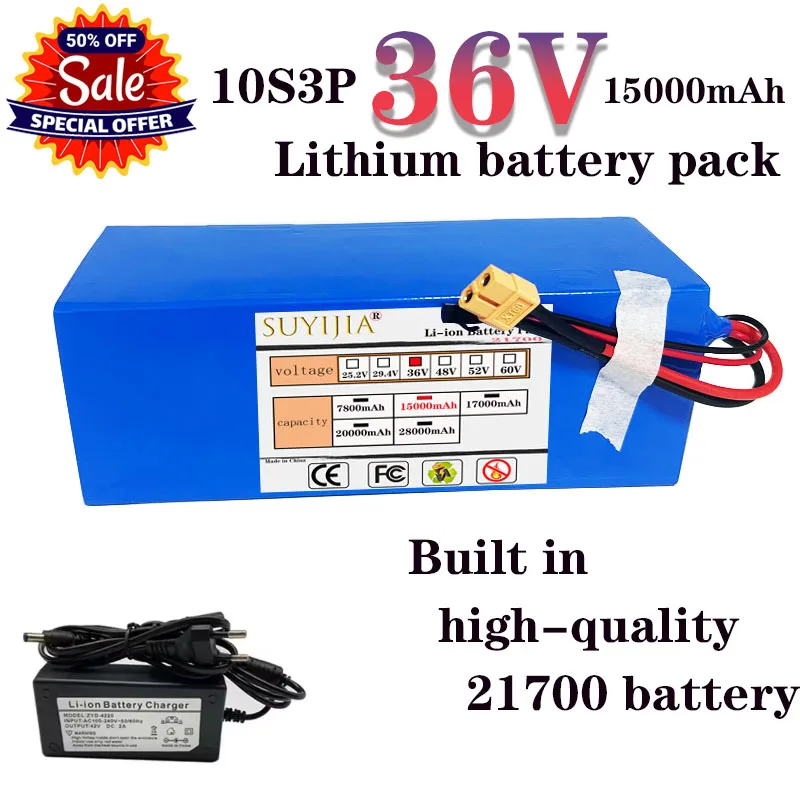 New 21700 10S3P Lithium Ion Battery 36V 15Ah 800W Power Tool Battery Outdoor Backup Battery with 30A BMS, 42V 2A Charger