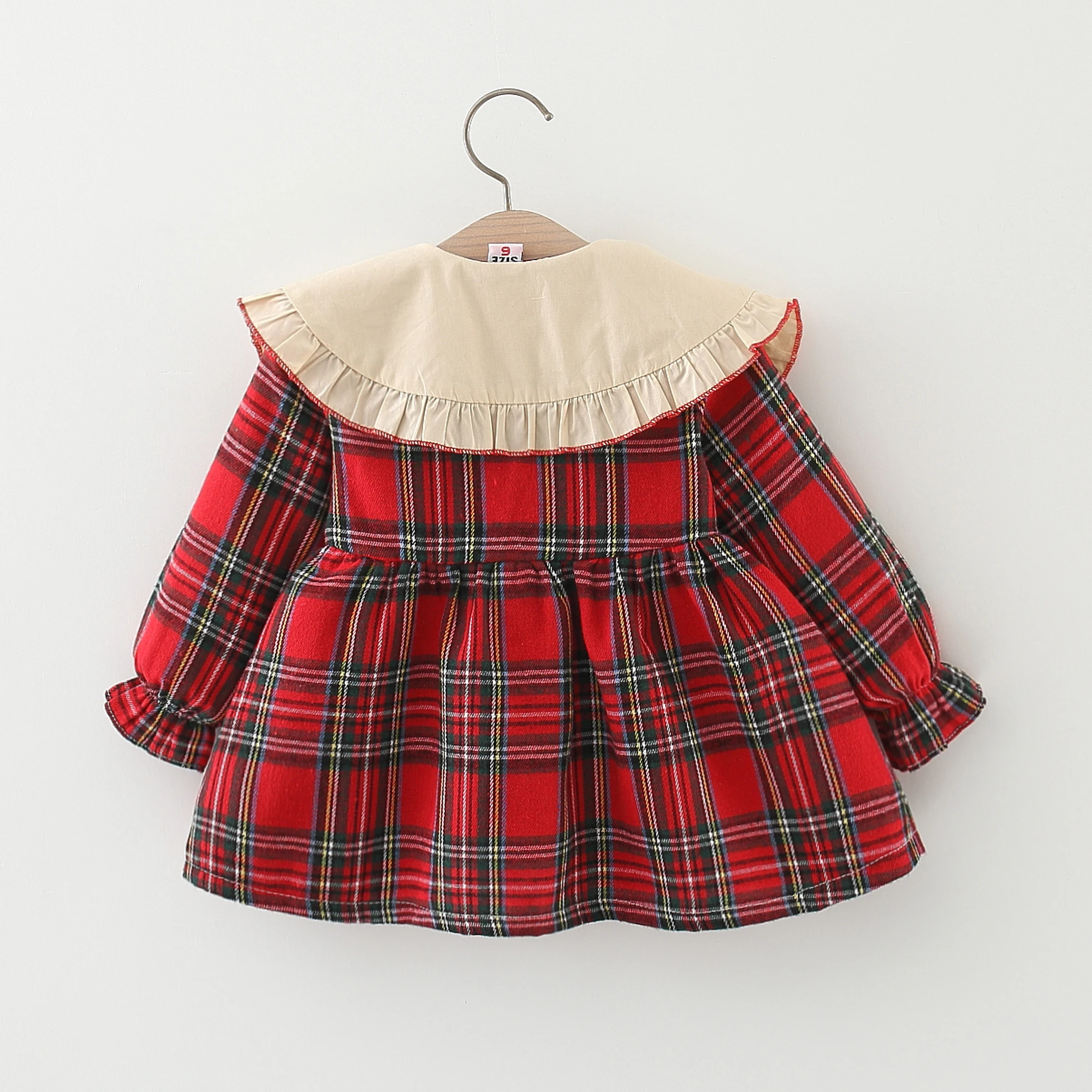 Summer girl kid sweet plaid sleeve doll neck dress princess dress baby dress+teddy bear pendant 6M-2T