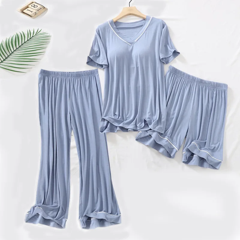 Fdfklak New Short Sleeve Tops + Cropped Pant + Shorts 3 Piece Set Casual V Neck Home Clothes Modal Cotton Pajamas Women Pijamas