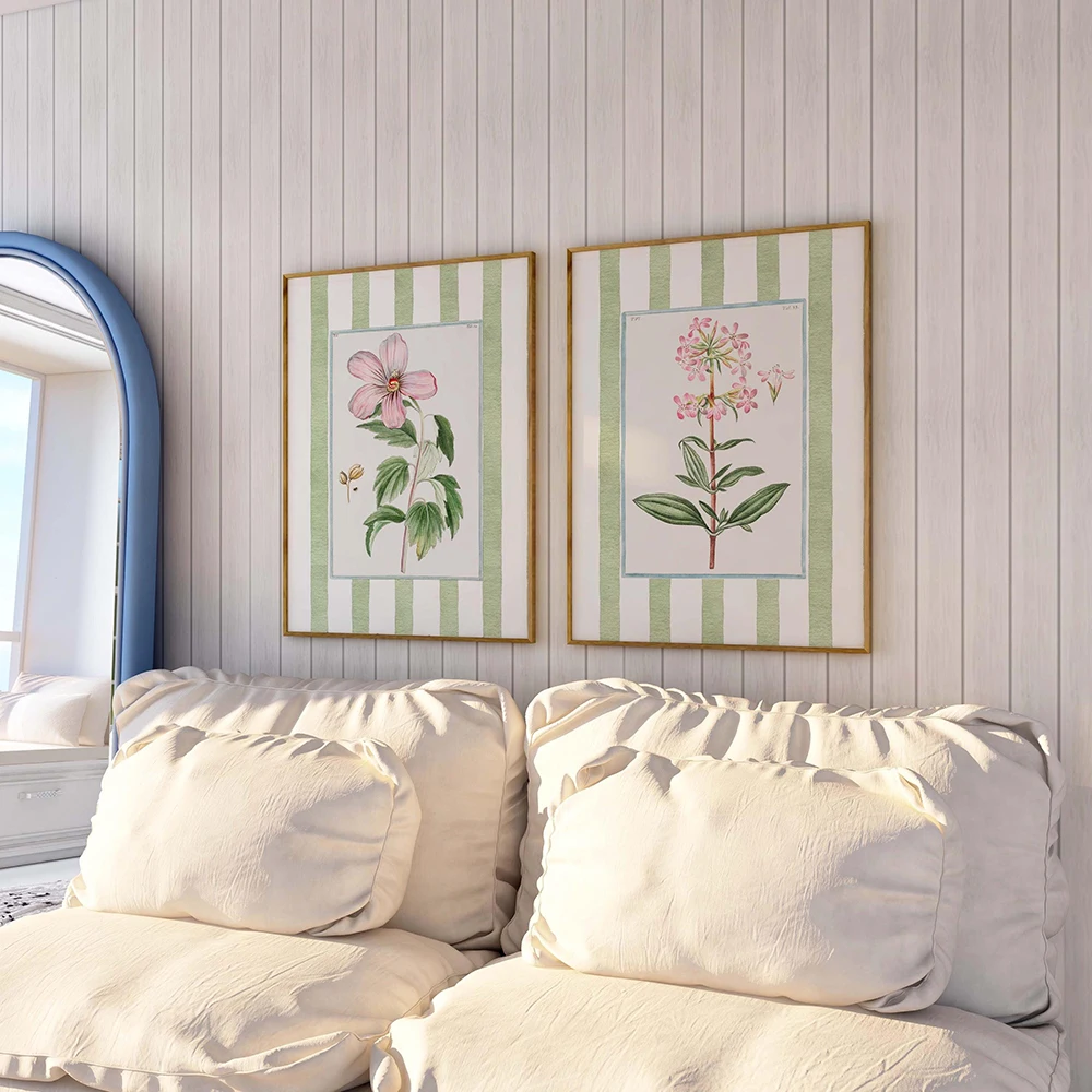 

Set of 2 Striped Botanical Wall Art Prints Grandmillennial Green and Pink Floral Prints Vintage-Inspired Kitchen Bathroom Decor