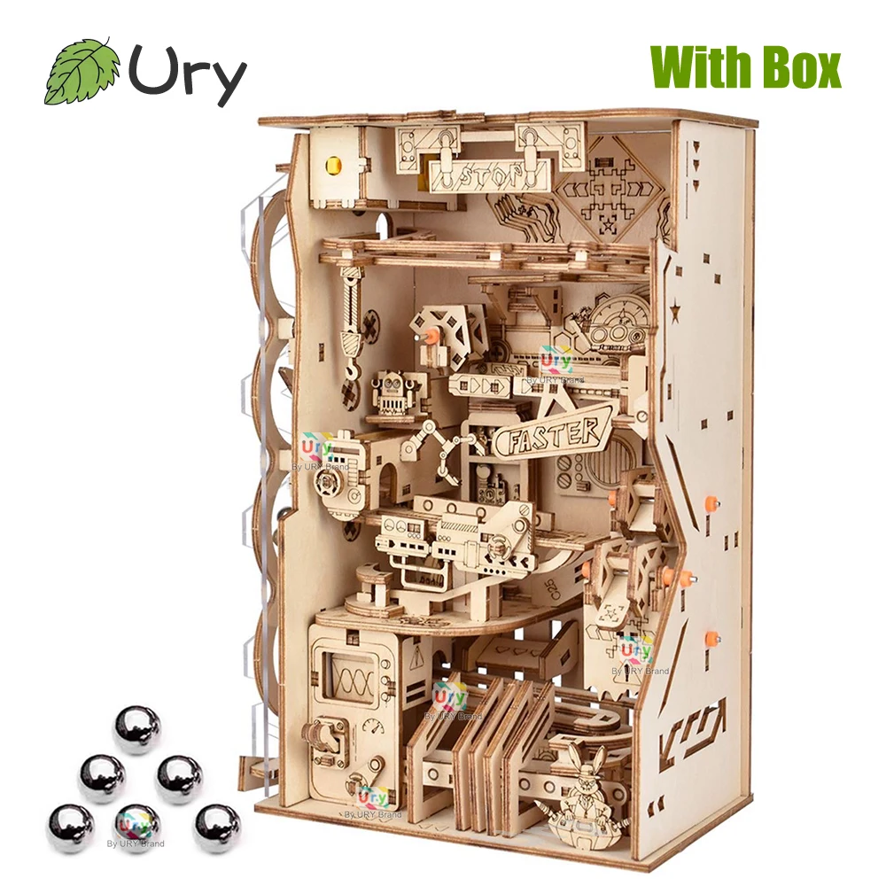 Ury 3D Holzpuzzle Elektrische Kugelbahn-Buchnische Set Gegenstrom-Kompass-Modell Kugellabyrinth Montage-Geschenkset
