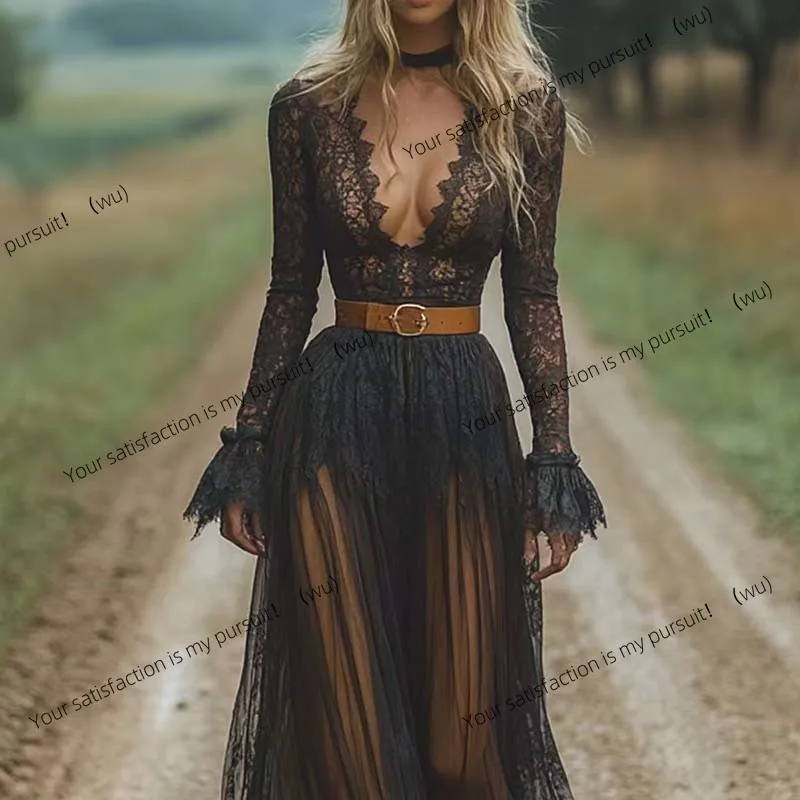 

Women's sexy black lace mesh long-sleeved long dress V-neck spring and summer slim-fit embroidered unique pleated dress