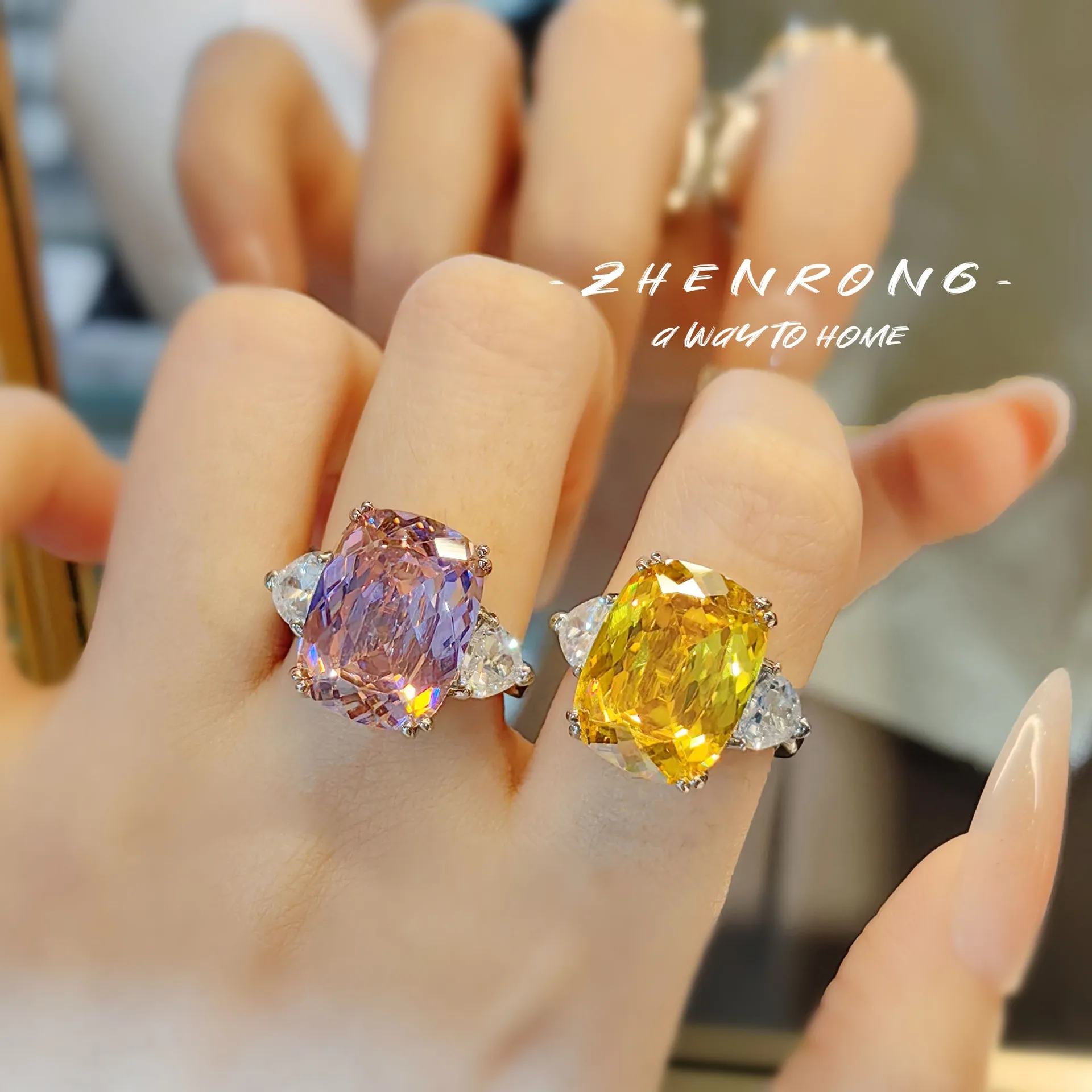 S925 Sterling Silver Ring Luxury Pink Zircon Women Simple Temperament Rectangular Yellow Diamond Open Ring
