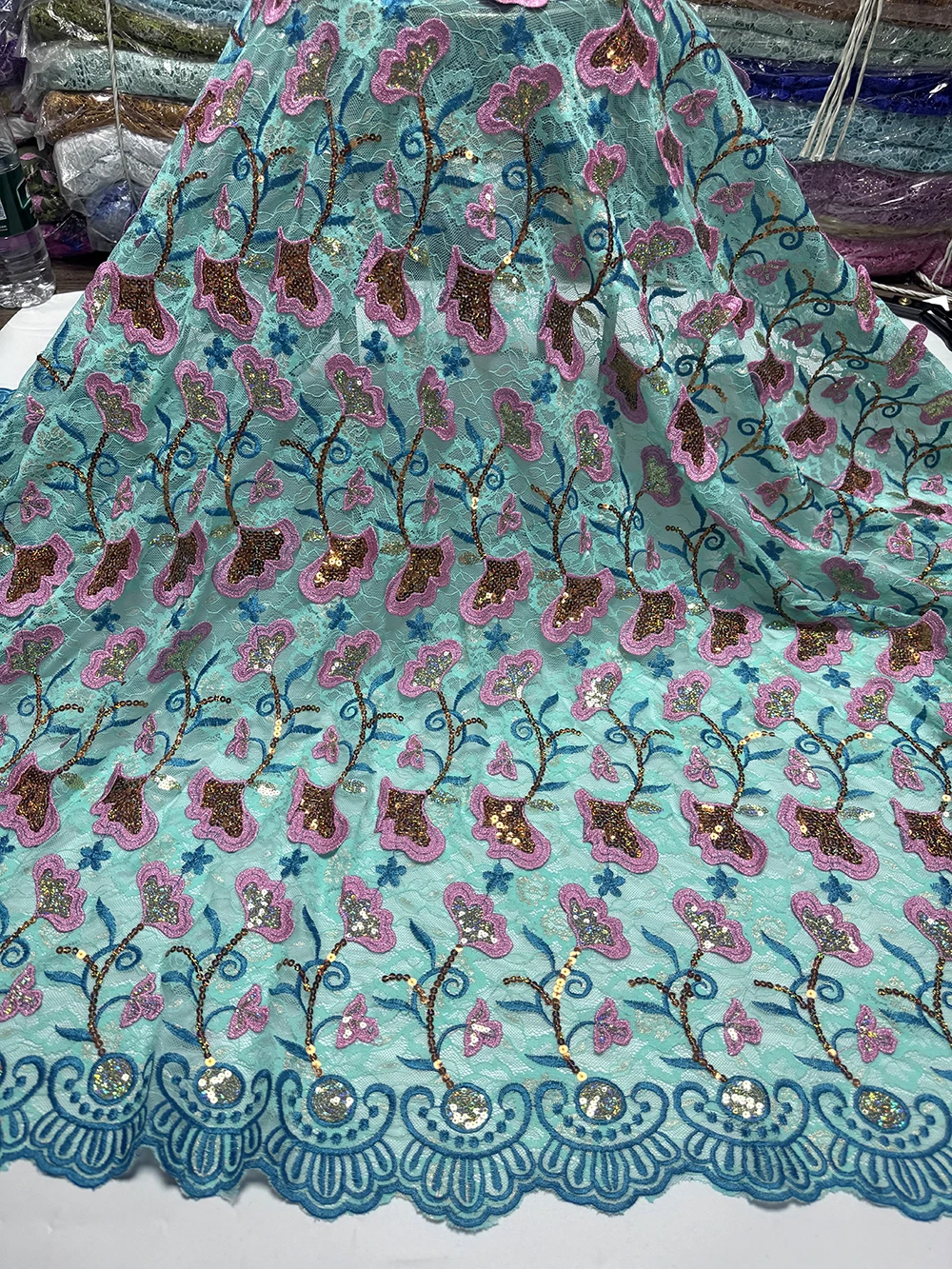 Newest African Soft Tulle Lace Embroidered With Sequins Lace Fabric  For High Quality Nigerian Women Dresses 5 yards