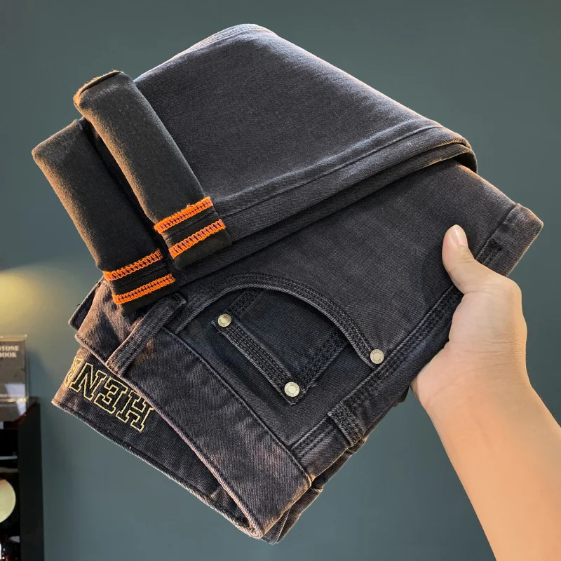 Джинсы с девятью точками, осень 2021, новые черные потертые эластичные универсальные брюки-маленькие мужские трендовые брюки высокого класса