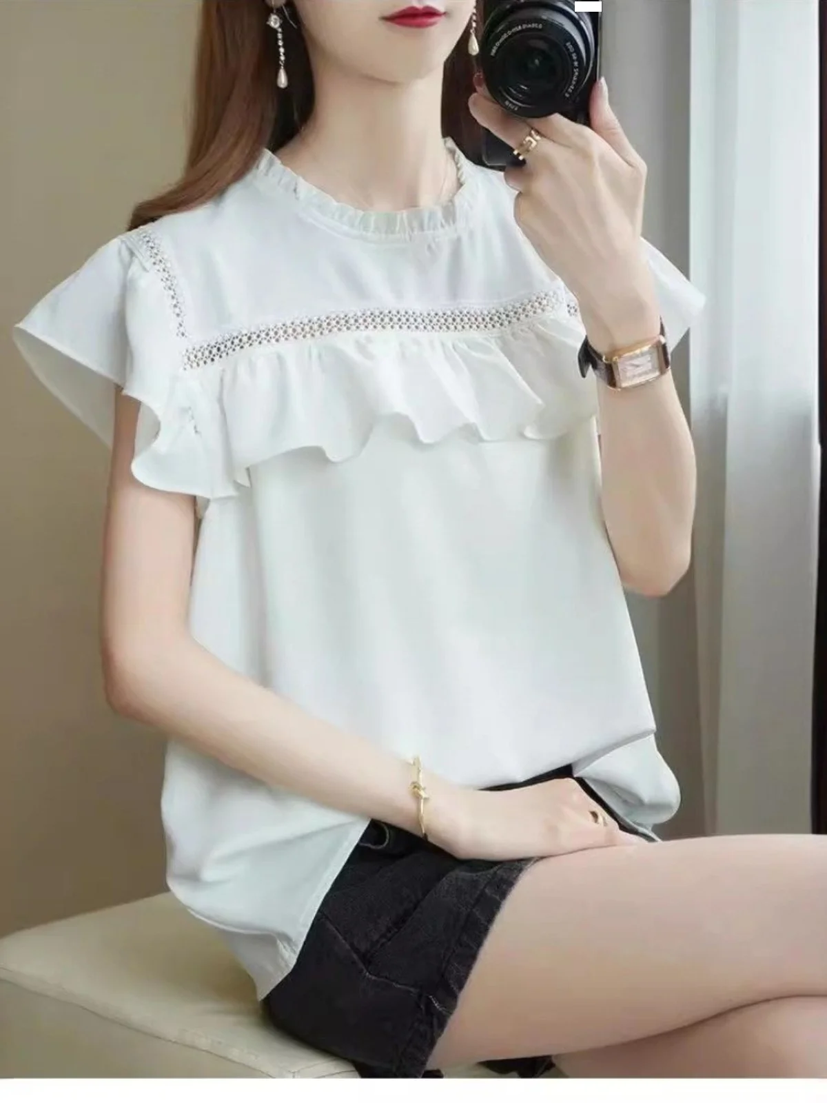 

Summer New Sle Women's Loose Fit Svel Chiffon Top Large Size Overhead Trendy round Ne ort Sve Korean Version