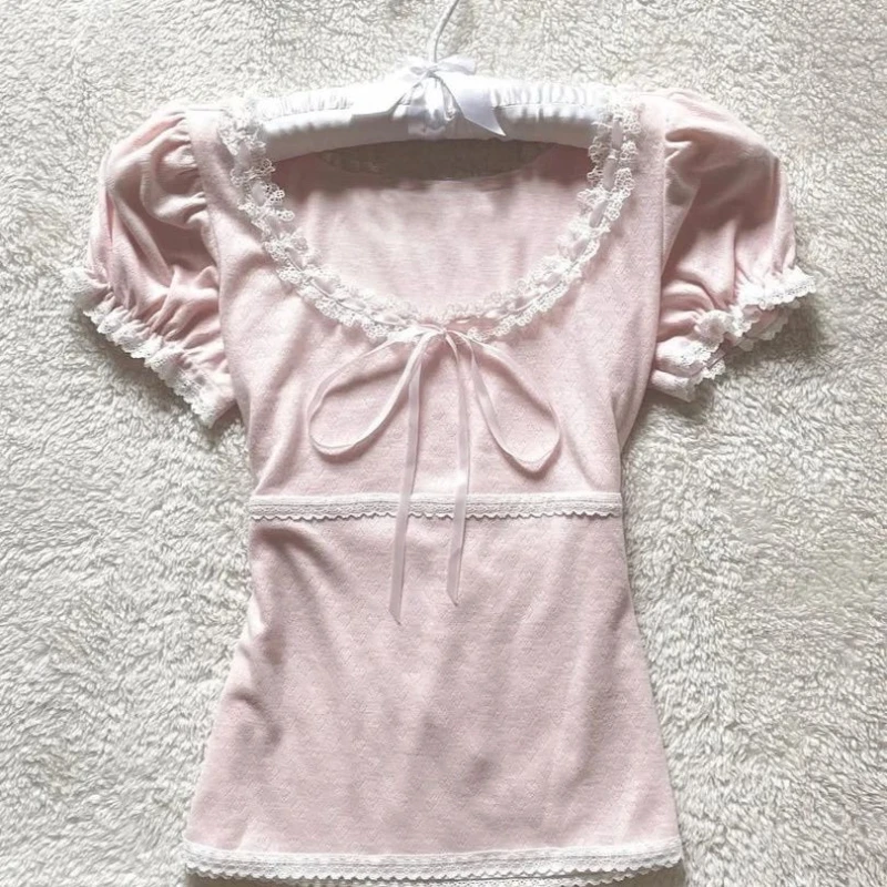 Deeptown Coquette Sweet T-shirts Women Pink Kawaii Bow Elegant Short Sleeve Tees Korean Fashion Lace Patchwork Slim T-Shirts image 5