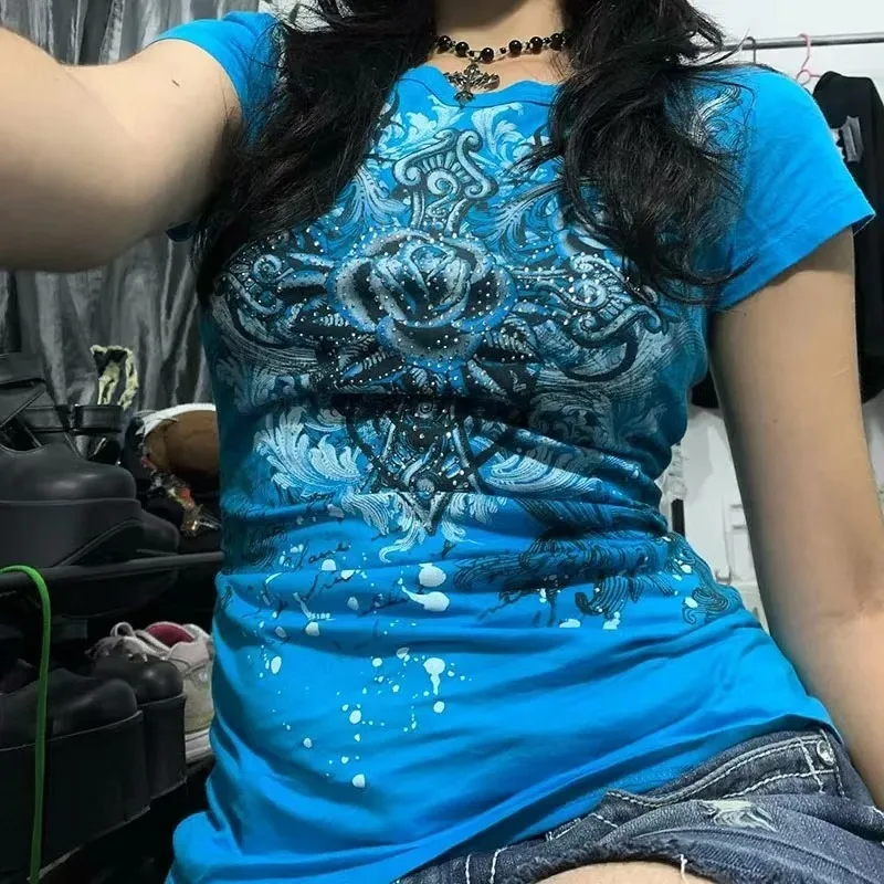 

Women's Y2k Hottie Punk T-Shirts 2000s Vinage Rhinestone Print Heart Rose Tee Aesthetics Harajuku Subculture Tops Street Fashion