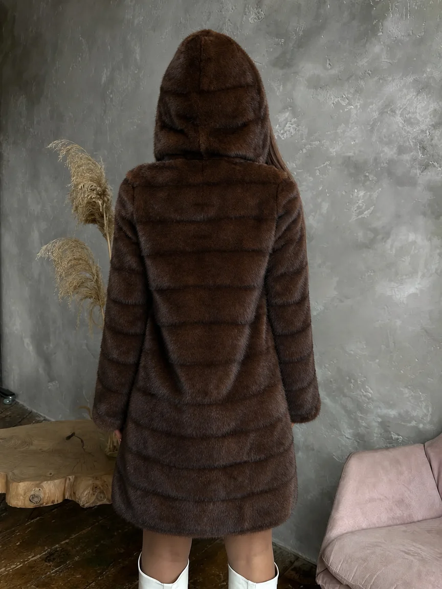 Women’s Hooded Faux Mink Winter Jacket, 2026 New Thick Warm Long‑Sleeve Artificial Fur Outerwear, Crease‑Resistant Non‑Shedding,