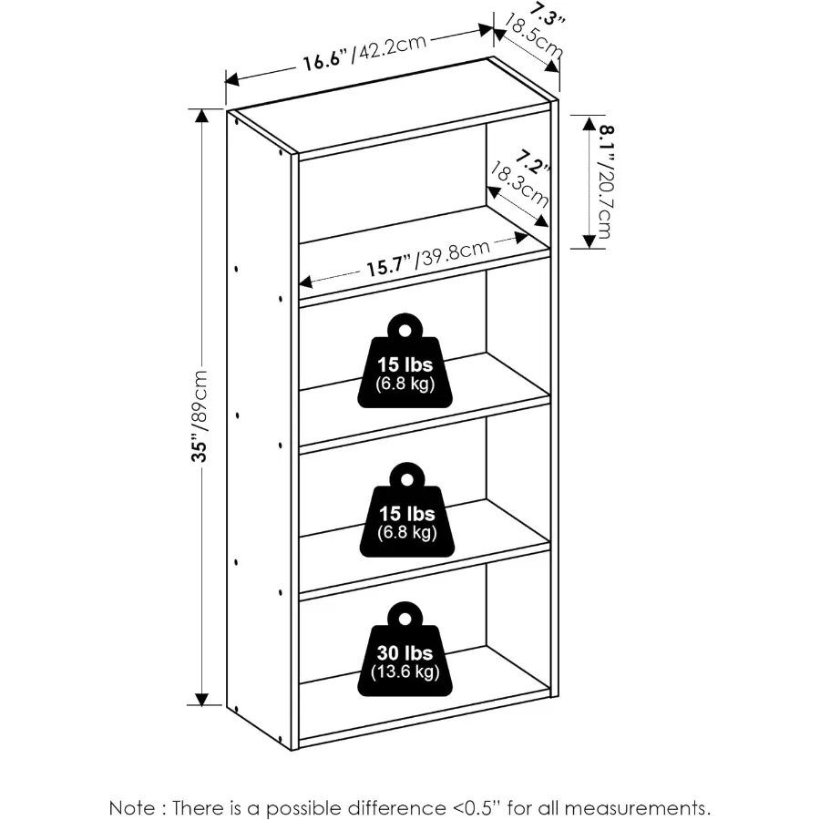 Basic 4Tier Open Shelf Bookcase Bookshelf for Home Office or Living Room Storage Compact 7 x 17 x 35 Inch Design in Amber Pine