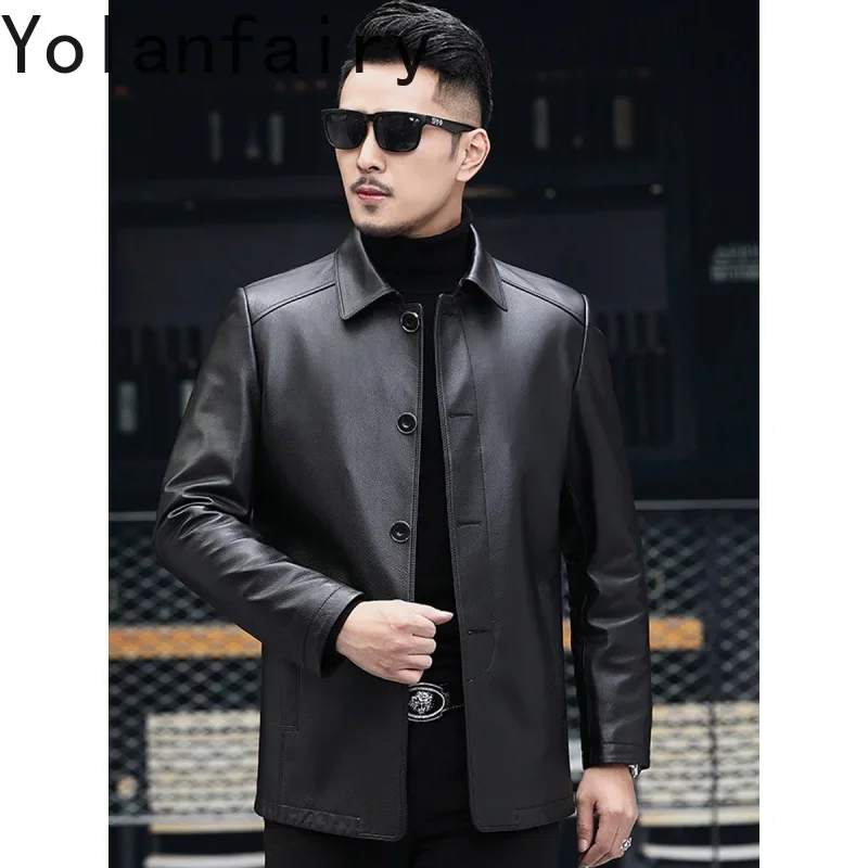 YOLANFAIRY Genuine Leather Cowskin Mens Jacket Spring Autumn New in Jackets Long Coats Fashion Sizes M-5XL Chamarras De Piel