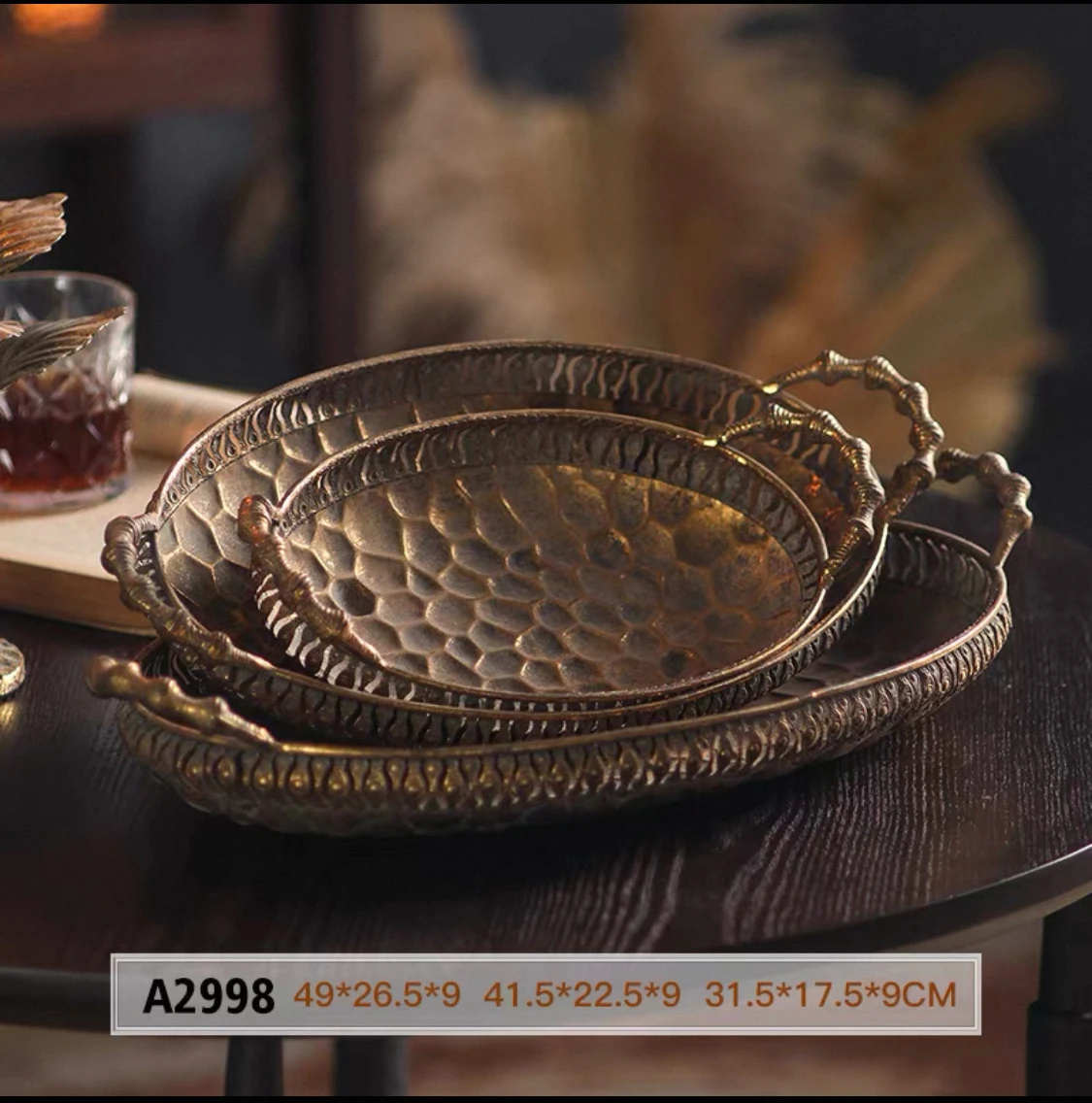 Vintage Decorative Metal Serving Trays Set, Bronze, Hammered Pattern with Handles, Oval Shape, 3 Sizes, 19x10, 16x9, 12x7 Inch