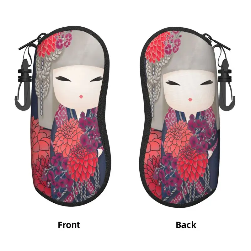 Estuche de gafas japonés rojo Sakura Kokeshi Doll, estuche de gafas portátil con cremallera, carcasa suave, adecuado para almacenamiento de