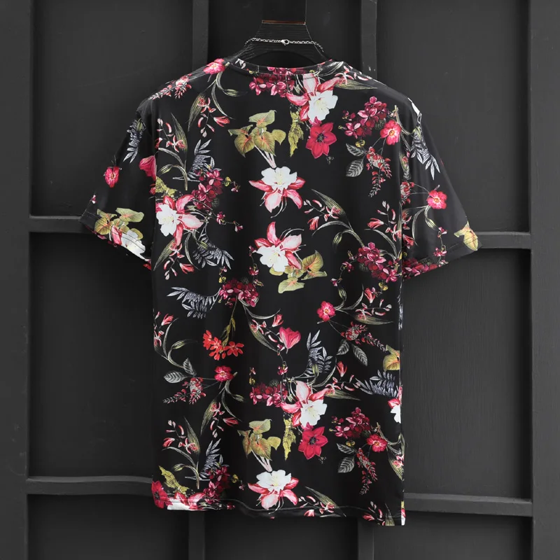 European and American men's wear summer 2022 new  Short sleeve round collar flower print  Fashion ice silk T-shirt