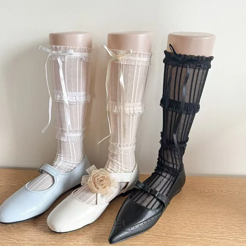 Multi Layered Ruffle Bow Knee High Socks New Arrived Lace Vertical Striped Gold Wire Stockings for Women Sweet Mesh Hosiery