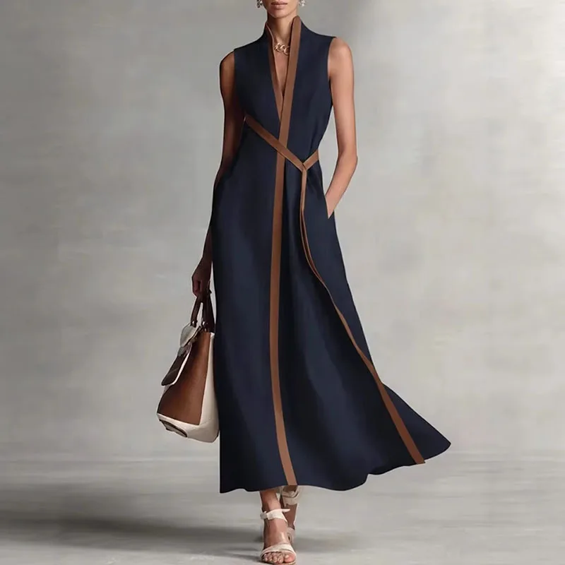 Elegant Contrast Striped Print Party Dresses Womens Spring Chic V Neck A-Line Long Dresses Summer Sleeveless Vacation Maxi Dress
