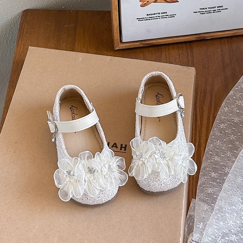 Girls Mary Jane Dress Shoes, Sparkly Glitter Flower Mesh Princess Flat Shoes, Soft Sole Party Wedding Ballet Dress Shoes