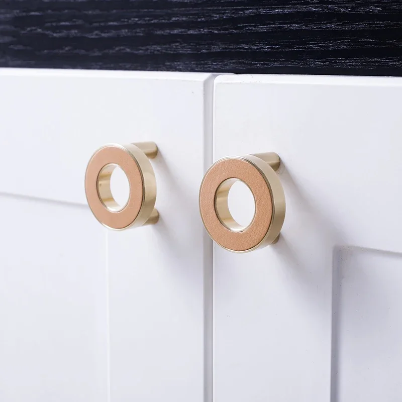 

Multicolor/Circle knob / Gold Ring Leather brass Door Handles Pulls Cabinet Drawer pink Knobs For Furniture Hardware