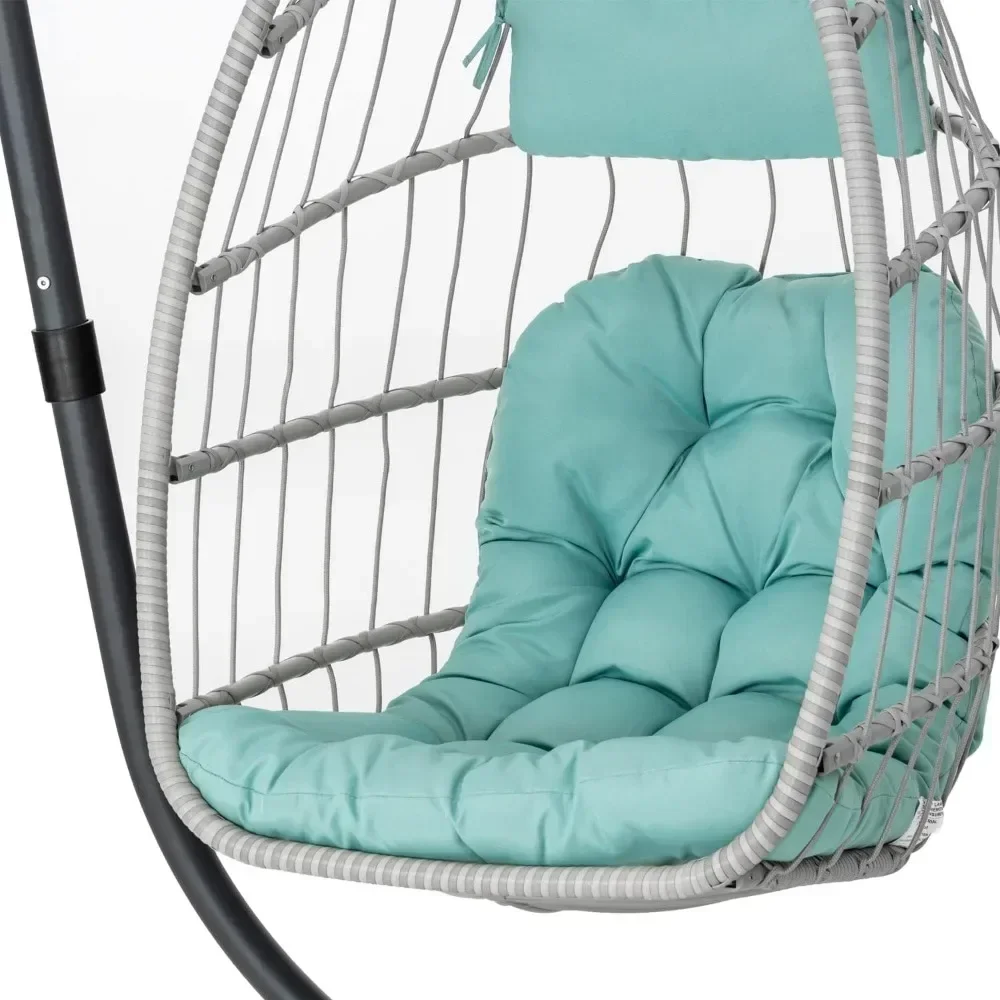 Rattan Hanging Swing with Stand Outdoor Garden and Backyard Light Blue Egg Chair with UV Protection Pad