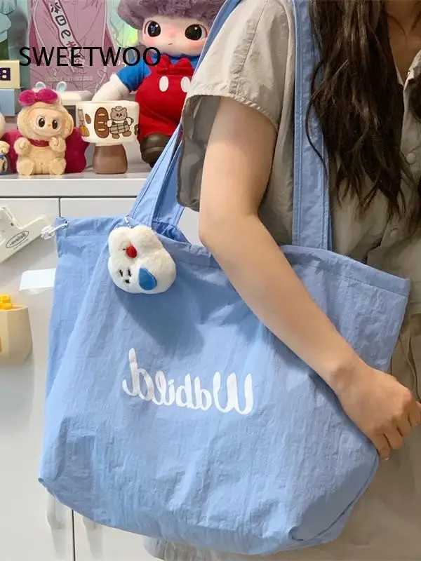 2026 Pastel Letter Print Canvas Tote Bag Optional Bunny Plush Pendant Six Fresh Bright Tone Korean Casual Student Shoulder Purse