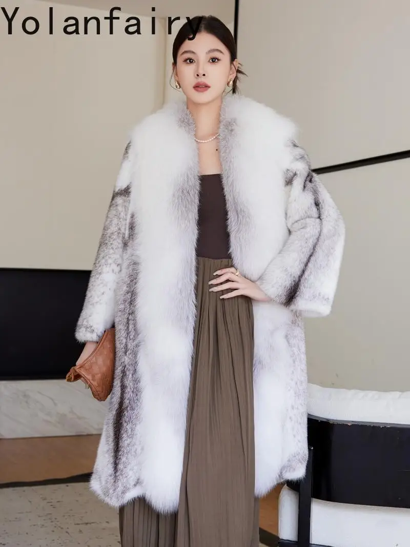 YOLANFAIRY haut de gamme entier croix veste de fourrure de vison pour les femmes hiver mi-long chaud manteau de fourrure naturelle femme col de fourrure de renard vêtements d'extérieur