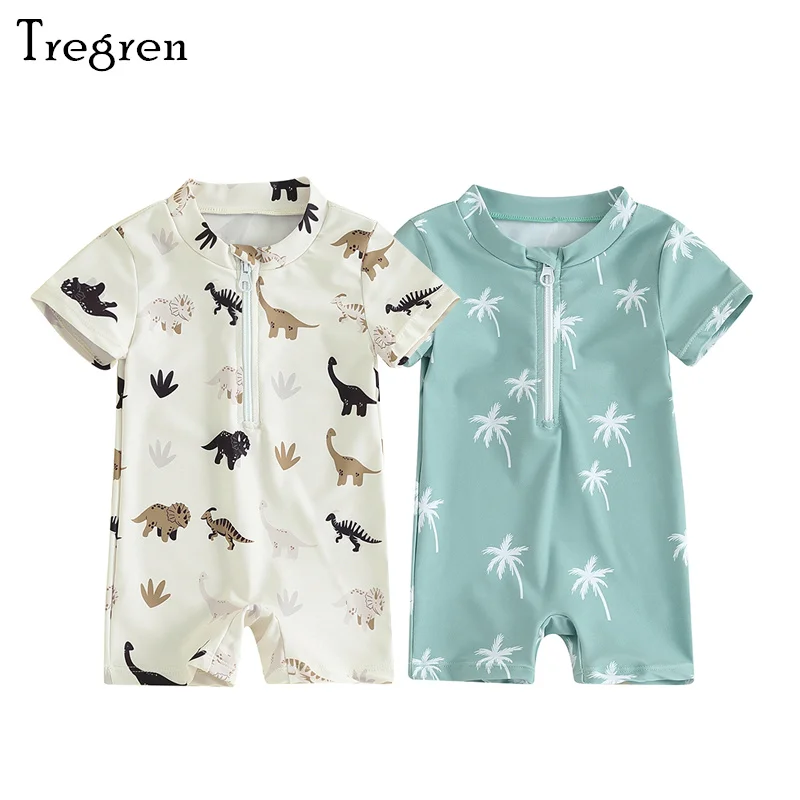 

Tregren 0-3Y Kids Boys Summer Swimsuit Tree/Dinosaur Print Zipper Short Sleeve Jumpsuit Swimwear Beachwear Bathing Suit Monokini