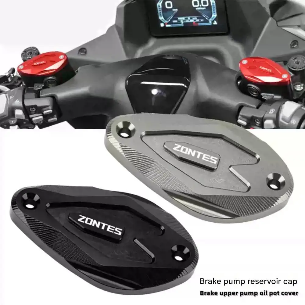 Brake pump cover, brake fluid reservoir cap, and fluid cup cap for ZONTES 150D/M and 350D/M/E scooter modification parts.