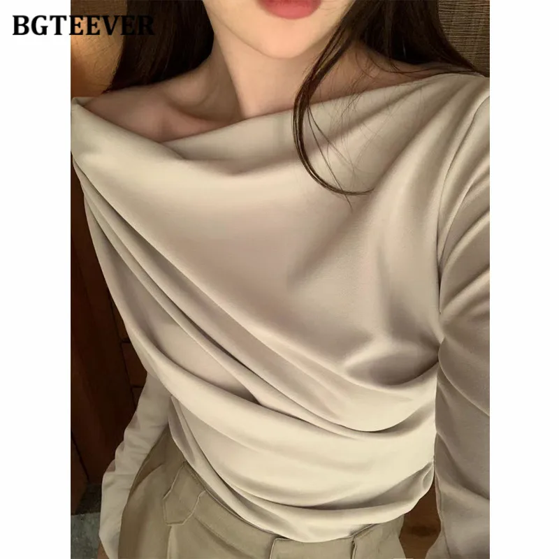 BGTEEVER Elegant Slash Neck Women Pullovers T-shirts Long Sleeve Loose Female Tops Spring Fashion Ladies Tees