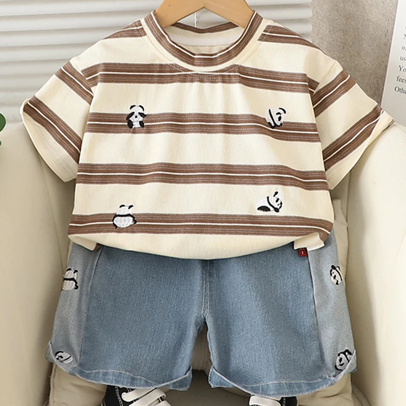 Summer Baby Boy Boutique Clothing Fashion Stripe Cartoon Panda Short Sleeve Cotton Tops+Denim Shorts Korean Kids Clothes BC2129