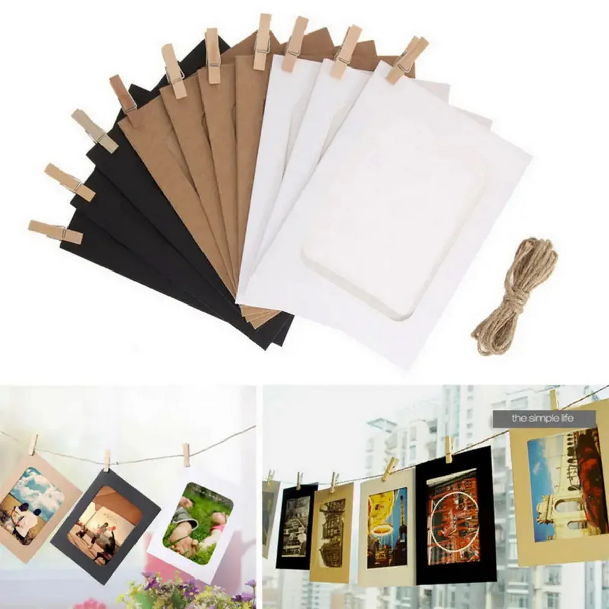 10 Sheets Handmade Photo String with Hemp Rope Clips Wall Hanging Paper Photo Frame for Party Room Decoration
