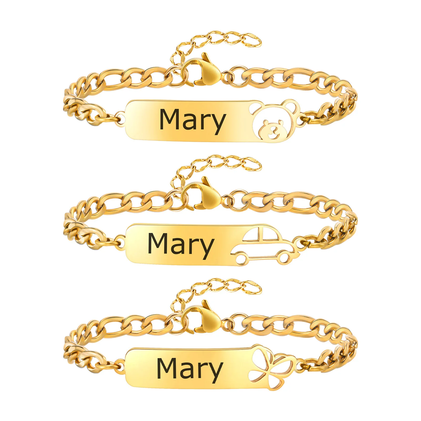 Free Engraving Name Date Bracelet for Baby,Hollow Butterfly Bracelet, Gold Color Stainless Steel NK Chain Bracelets