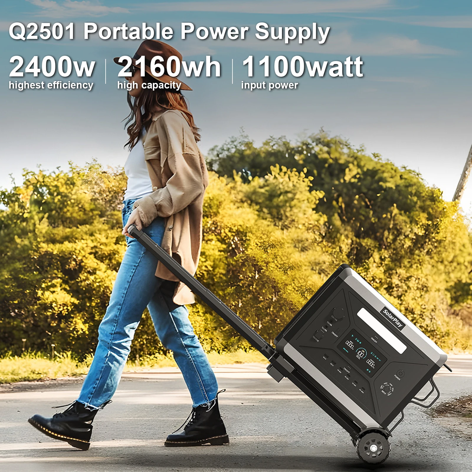 

SOLARPLAY 2400W 2160Wh Powerbank Q2501 Camping Large Capacity Portable Power Supply Accessories External Battery With Trolley