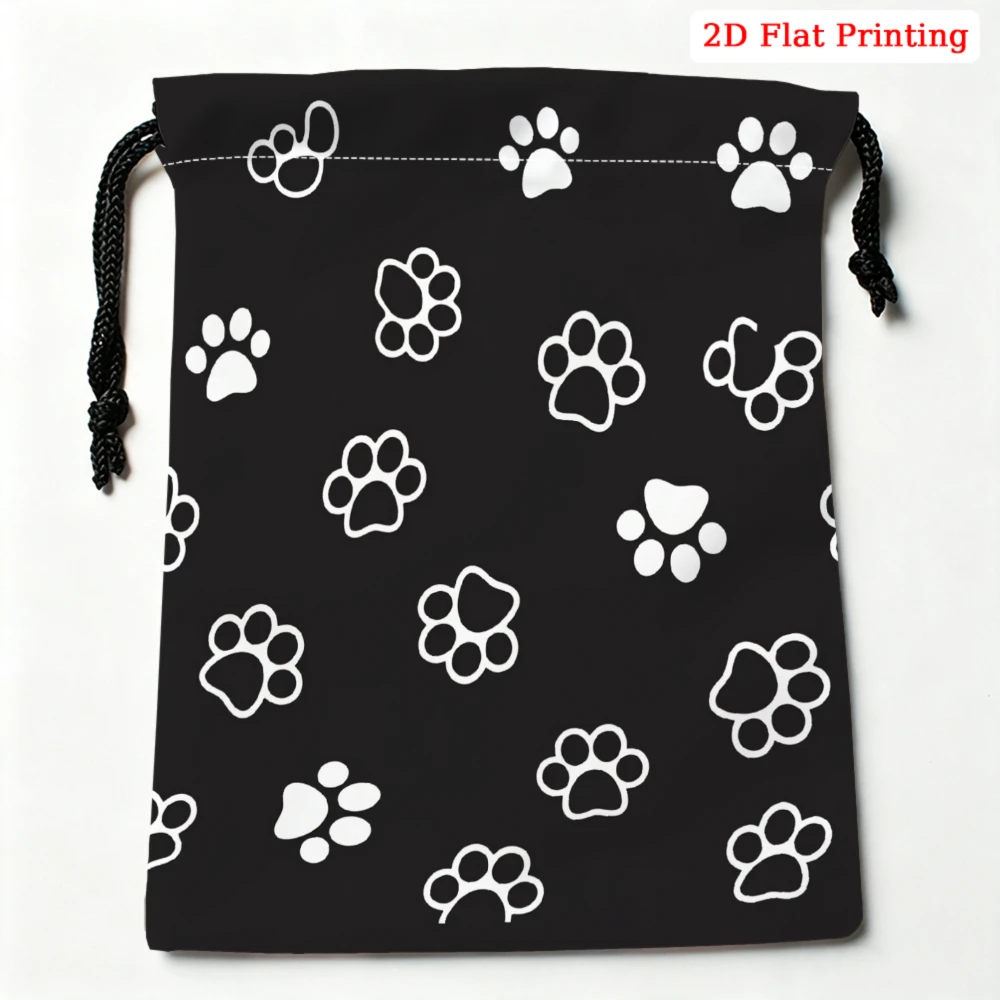 1pc Casual Drawstring Bag Black Paw Print Storage Small Pouch For Glasses Cosmetics Travel Organizer Portable Gift For Pet Lover