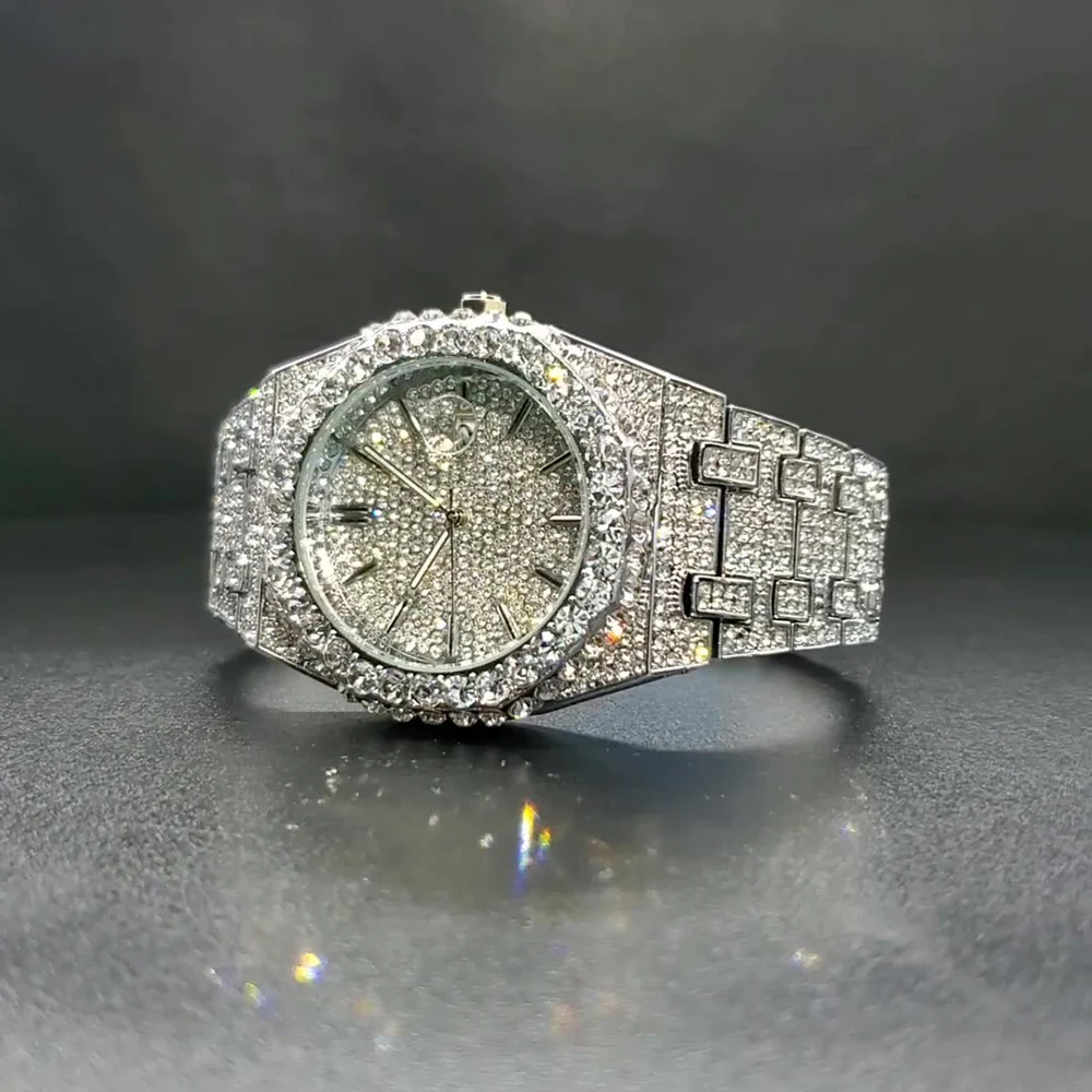 Orologi da polso al quarzo con diamante pieno placcato oro 18 carati di lusso lucido Design Hip Hop cassa rotonda 20mm larghezza cinturino orologio ghiacciato per uomo