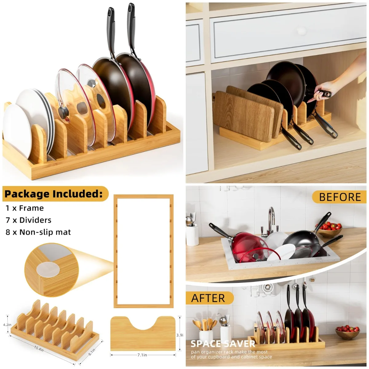

Бамбуковый органайзер с крышкой для кастрюль, ящик для хранения кастрюль, сковородок, разделочных досок и противни для выпечки