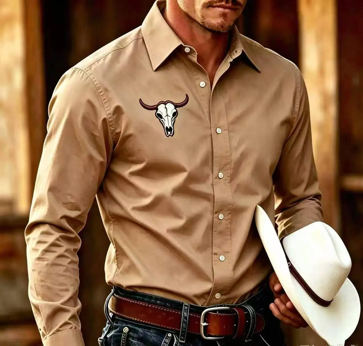 Western-Style Bull Head Print Shirt for Men, Simple Lapel Solid Color Long-Sleeved Shirt, Denim Style Commuter Top.