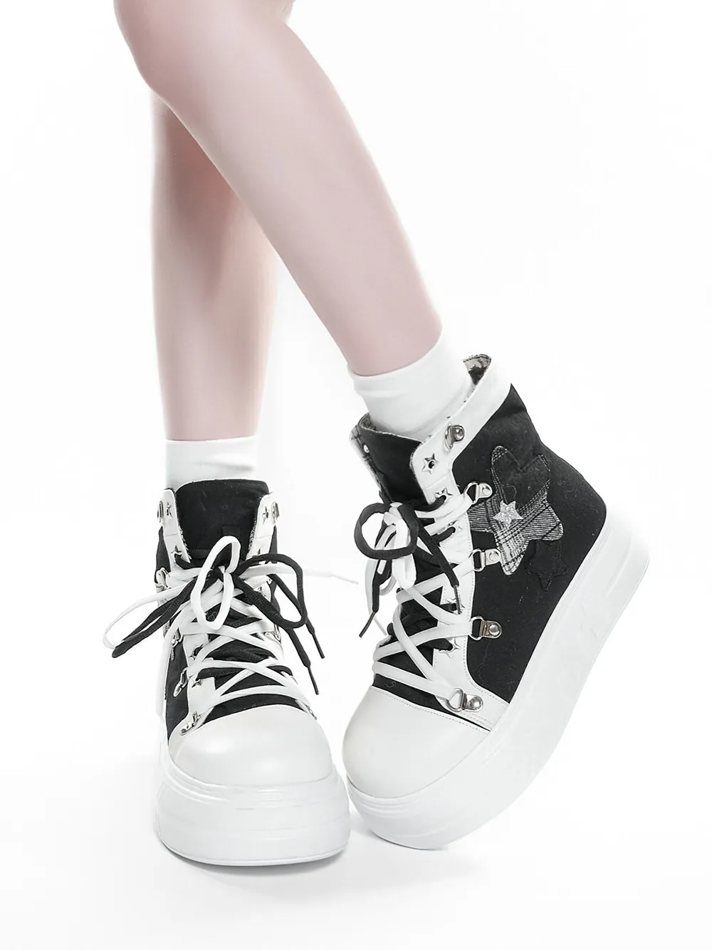 Black Star Print High Top Platform Sneakers Canvas Casual Shoes Japanese Sweet Lolita Girl Student Single Shoes
