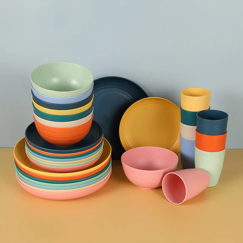 Assiette en paille de blé, bol et tasse, ensemble de 32 pièces, assiette domestique, assiette centrale, tasse, ensemble de vaisselle, micro-ondes disponible
