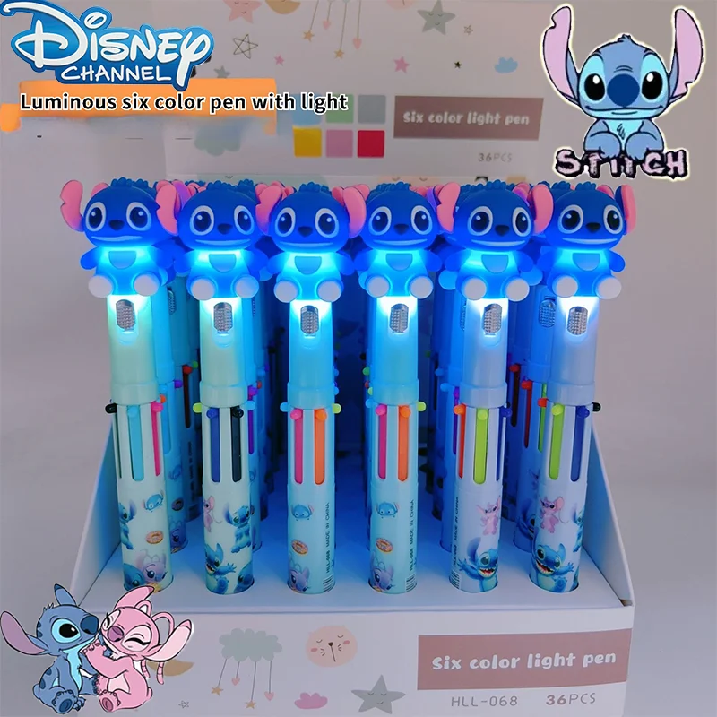 Disney-Stitch Glowing Caneta Esferográfica, Caneta Multicolor, Papelaria dos Desenhos Animados, Ferramentas de Escrita, Suprimentos Estudante, Novo, 6 cores