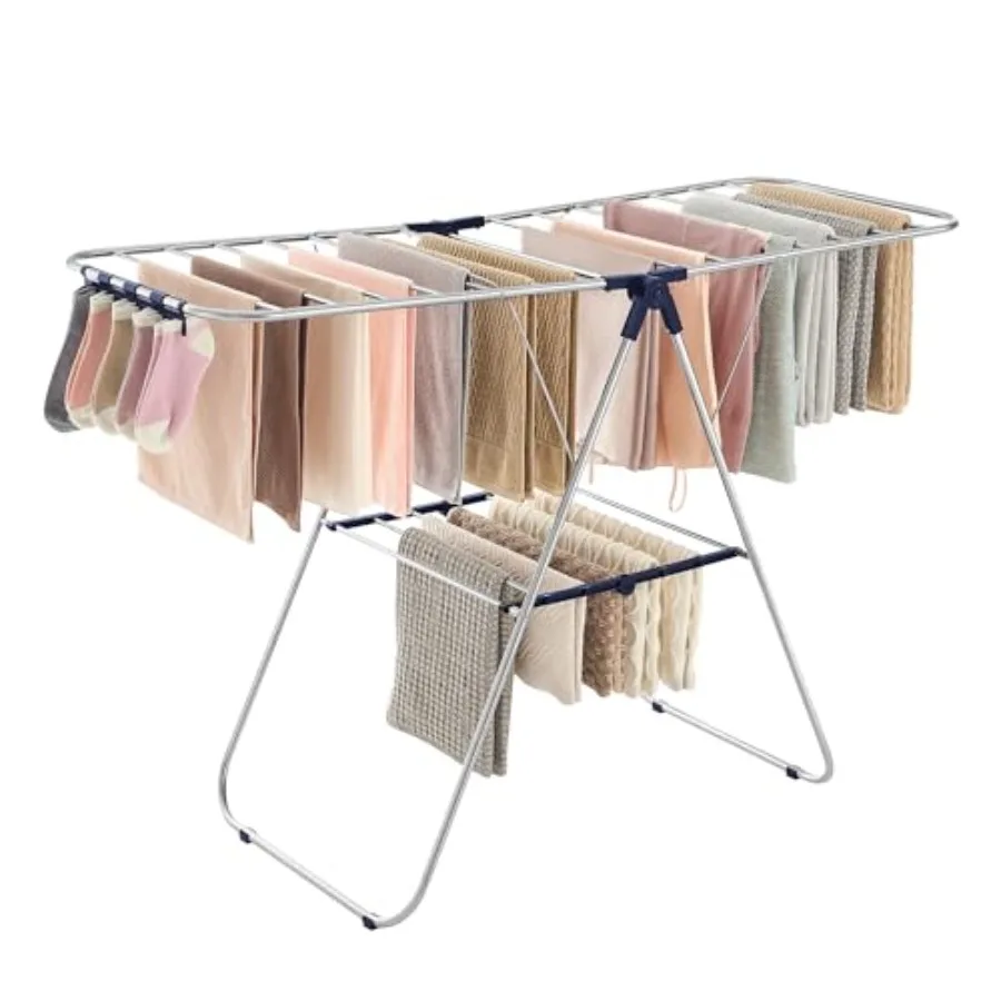 

Clothes Drying Rack with Sock Clips Metal Laundry Rack Foldable Space-Saving Free-Standing Airer with 2 Height-Adjustable Gullw