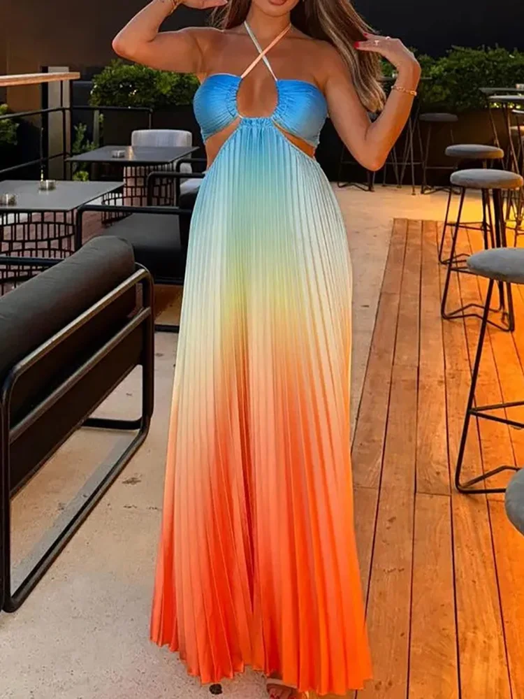 Patchwork Lace-Up Fashion Chic Maxi Dress, Women Summer Sleeveless Hollow Simple Party Dress, 2025 Backless Elegant Ladies Dress