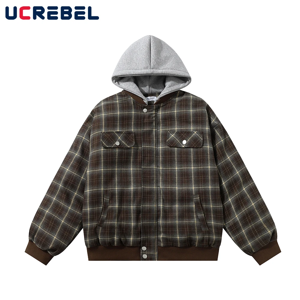 Plaid Spliced Padded Jacket Mens High Street Autumn Winter Warm Hooded Long Sleeve Thick Quilted Jacket Men