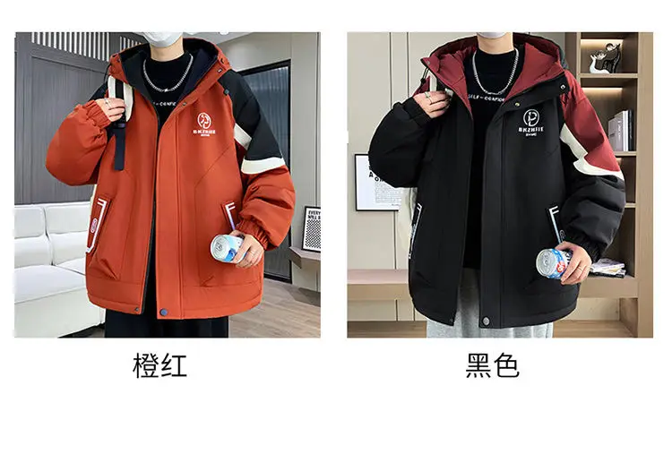 Modische Jugendliche Jacken mit Kapuze, verdicktem und plüschigem Futter, Herbst/Winter 2026, warme Fleece-Mäntel für Herren, Streetwear, winddichte Parkas – Detail 8